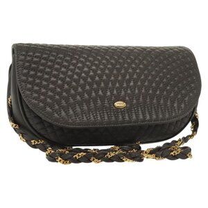 Authentic BALLY Chain Shoulder Bag Leather Gray Gold